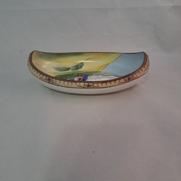 Nippon Hand Painted Porcelain Boat Shaped Dish Windmill Scene Accent - Picture 7 of 13